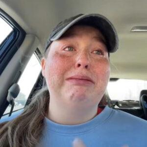 Jessica Higgs, visibly emotional, after her heroic act of saving a family from a gas leak while on a routine delivery.