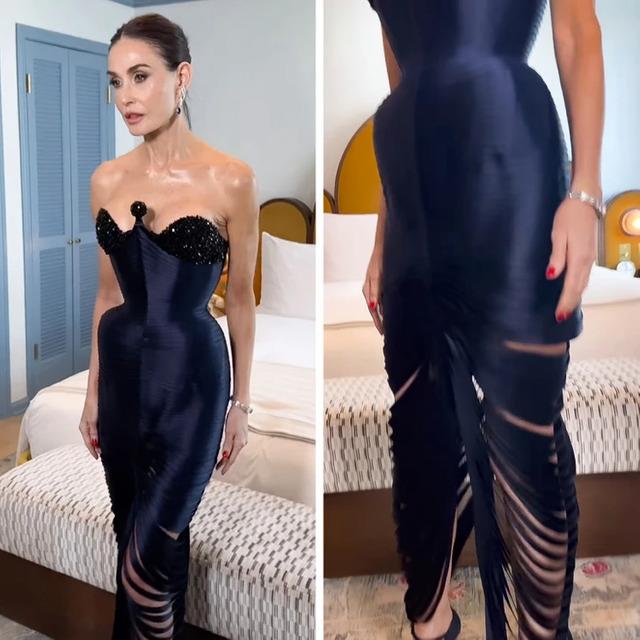 Demi Moore poses in a stunning navy gown, showing off the intricate details of the design from the front and side angles.